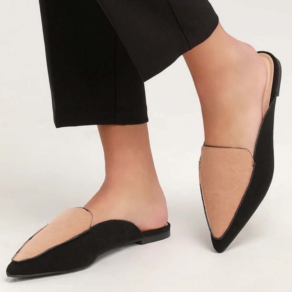 Lulu’s Black Tan Pointed Toe Mules, 10